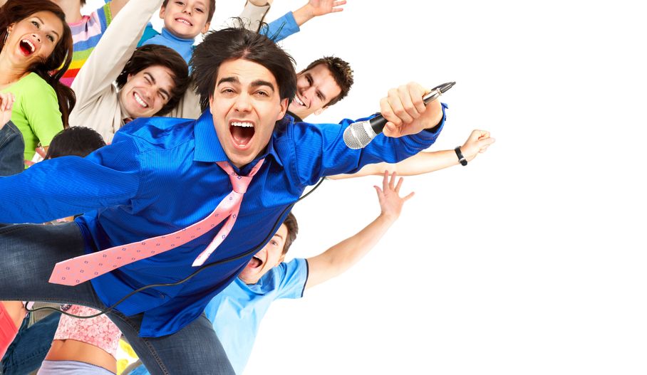 cheesy looking karaoke singer stock photo